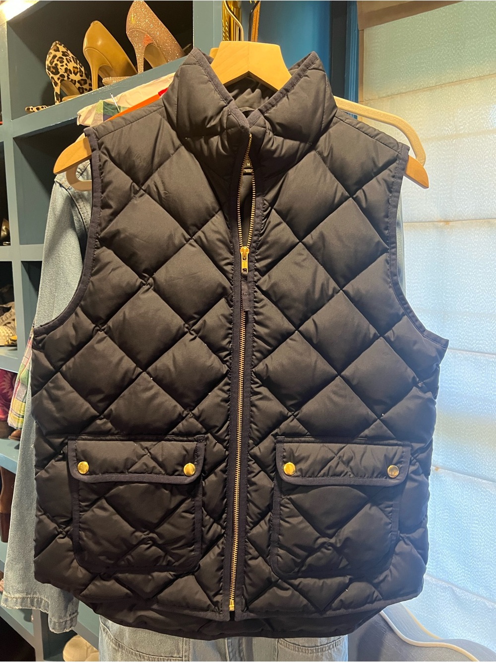 J. Crew Navy Quilted Puffer Vest with Gold Hardware
